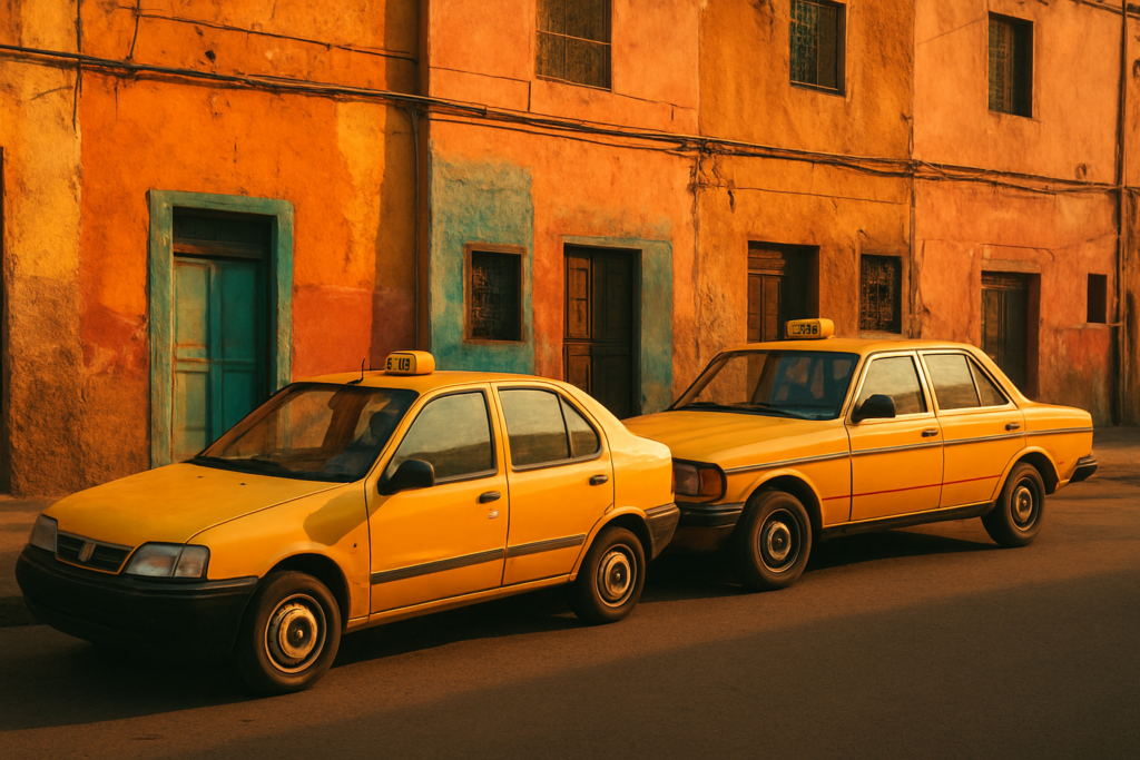 Taxi marocain dans une rue urbaine avec petit et grand taxi